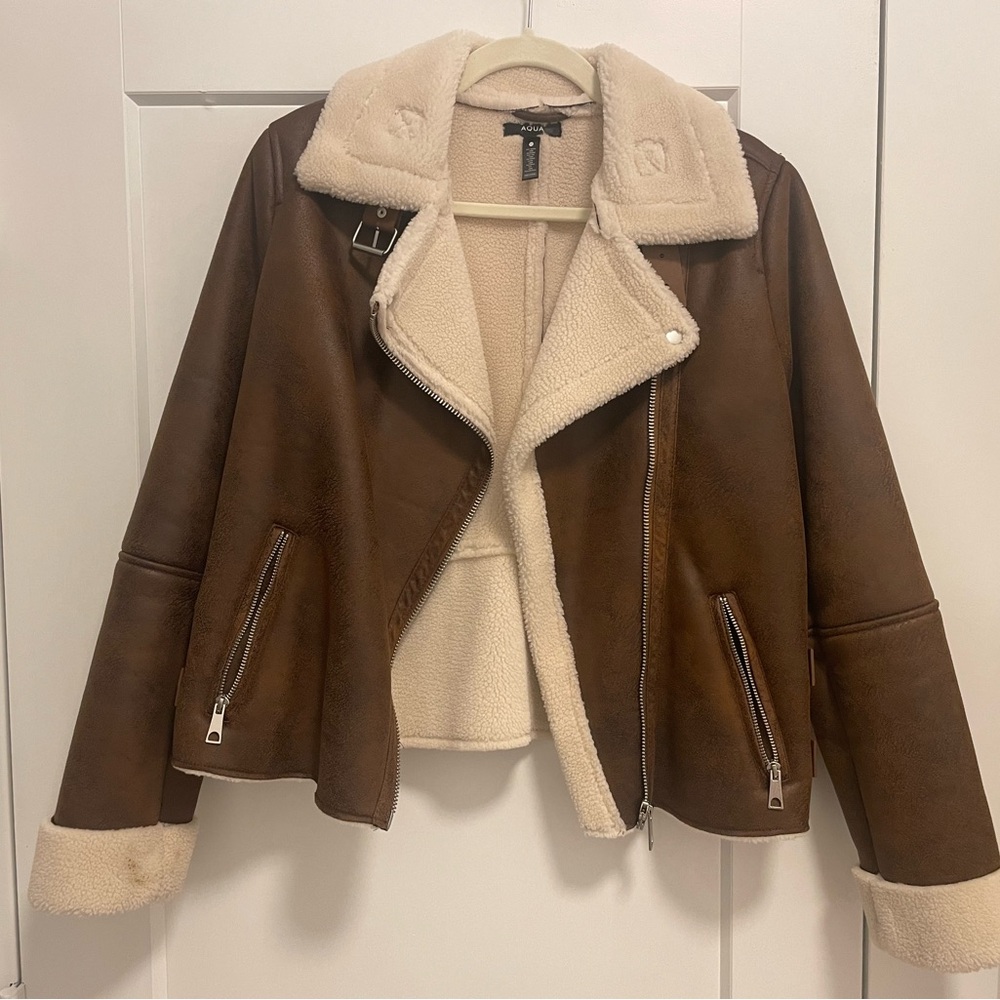 Aqua Brown Faux Shearling Jacket with Cream Lining